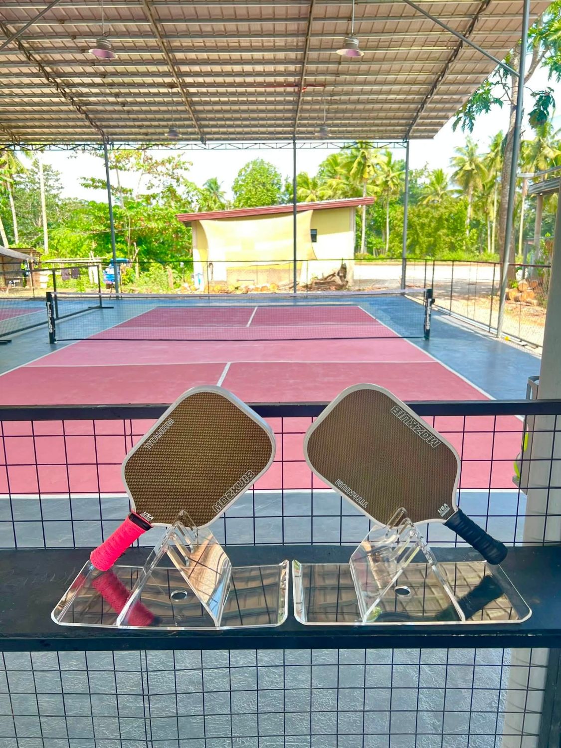 Paddles beside a PickleGo court